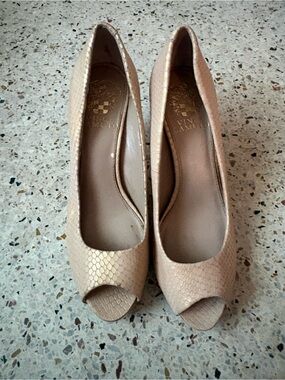 Vince Camuto Iridescent Nude/Snake Print Peep-Toe Pumps
